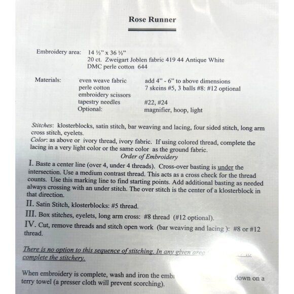 Satin Stitches Rose Runner Pattern Hardanger Embroidery Design By Donna M. Olson - Picture 3 of 3